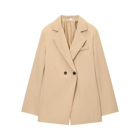 Vrouwen Losse Oversized Blazer Double Breasted Polyester Jas Kantoor Casual Bovenkleding Met Zakken Effen Kleur