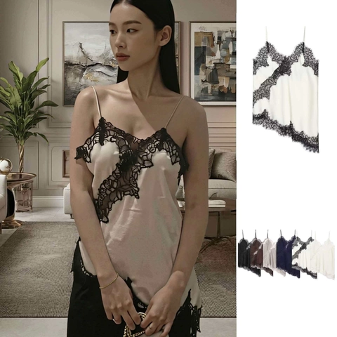 Women's Sexy Satin Lace Camisole V Neck Asymmetric Hem Spaghetti Strap Tank Top Elegant Silk Feel Sleeveless Top