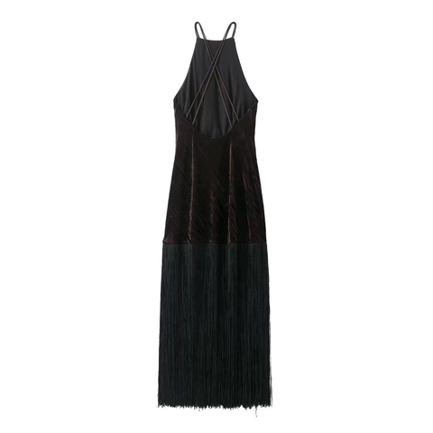 Damen Elegant Neckholder Rückenfrei Samt Maxikleid Dunkelbraun Fransen Spleißen Formelle Party Ärmelloses Abendkleid