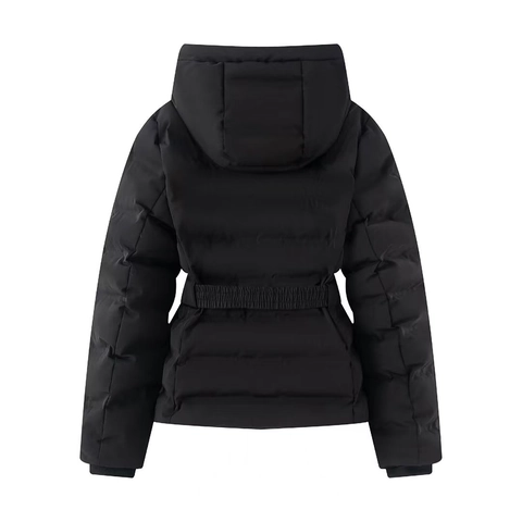 Women Mid-Length Slim Puffer Jacket With Hood And Waist Belt Windproof Waterproof Polyester Winter Cotton Padded Coat