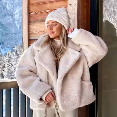 Women's Elegant Warm Faux Fur Teddy Coat Loose Fit Lapel Long Sleeve Single Breasted Solid Color Winter Fleece Jacket