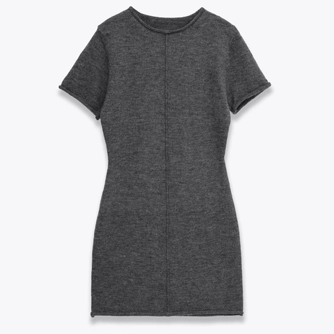 Vestido Mini de Punto Casual para Mujer Cuello Redondo Manga Corta Ajustado Color Sólido Decoración de Costura Vertical Gris Oscuro