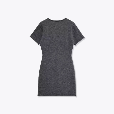 Vestido Mini de Punto Casual para Mujer Cuello Redondo Manga Corta Ajustado Color Sólido Decoración de Costura Vertical Gris Oscuro