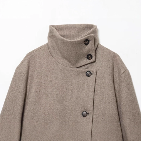Women Vintage Stand Collar Short Woolen Jacket Asymmetrical Button Closure Elegant Warm Polyester Blend Commuter Coat