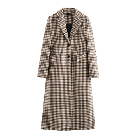 Abrigo Largo de Mujer Vintage Pata de Gallo Retro Cuadros Solapa de Muesca Botón Único Ropa de Abrigo Holgada Chaqueta Invierno