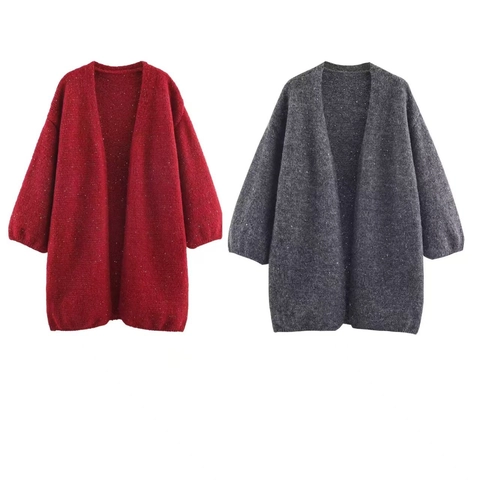 Women Sequin Knit Cardigan Open Front Three Quarter Sleeve Sparkly Metallic Thread Sweater Coat Autumn Winter Outerwear
