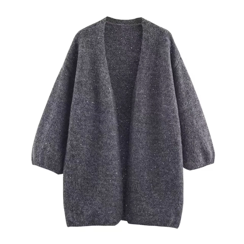 Women Sequin Knit Cardigan Open Front Three Quarter Sleeve Sparkly Metallic Thread Sweater Coat Autumn Winter Outerwear