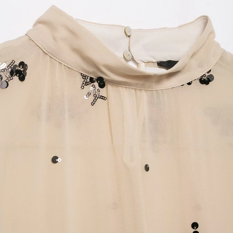 Blusa Elegante para Mujer con Bordado de Lentejuelas Florales Manga Larga Semi-Transparente Cuello Alzado Top Pullover