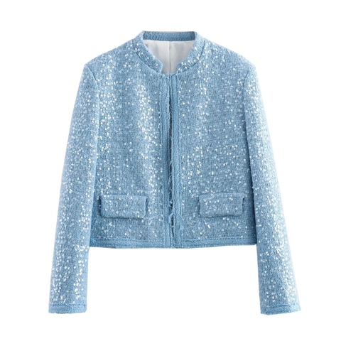Women Elegant Light Blue Tweed Sequin Jacket Round Neck Raw Edge Short Blazer Vintage Luxurious Long Sleeve Outerwear