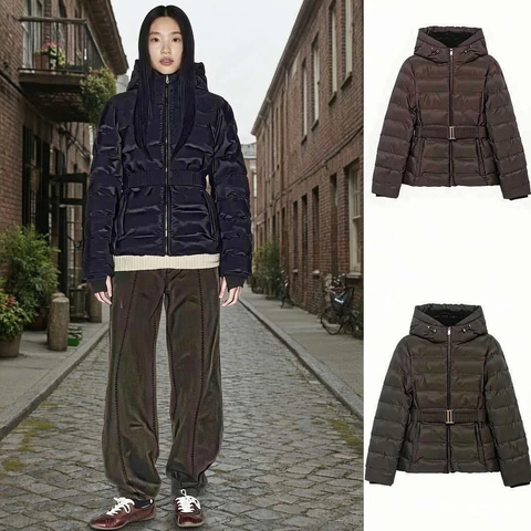 Women Mid-Length Slim Puffer Jacket With Hood And Waist Belt Windproof Waterproof Polyester Winter Cotton Padded Coat