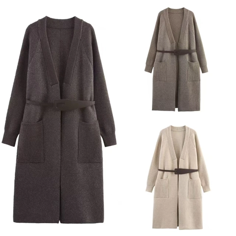 Damen Extra Langer Strickjacke Pullover Mantel Mit Gürtel Lockerer V-Ausschnitt Dicke Strickware Taschen Casual Jacke