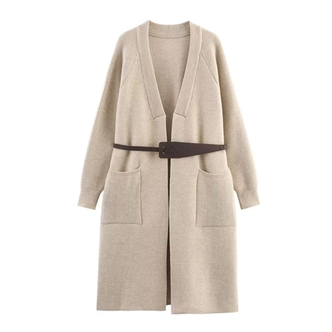 Damen Extra Langer Strickjacke Pullover Mantel Mit Gürtel Lockerer V-Ausschnitt Dicke Strickware Taschen Casual Jacke
