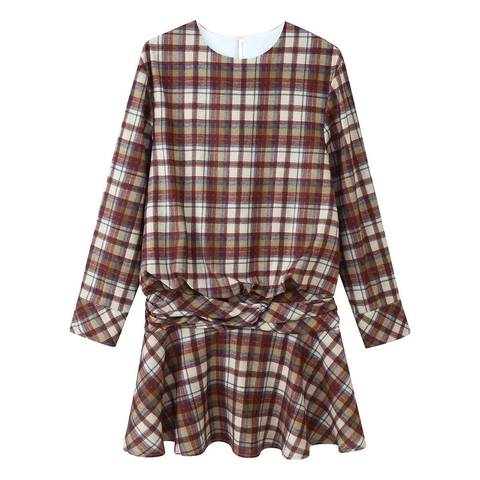 Women Vintage Plaid Twist Waist Mini Dress Retro Round Neck Long Sleeve Scottish Tartan A-Line Casual Party Short Dress