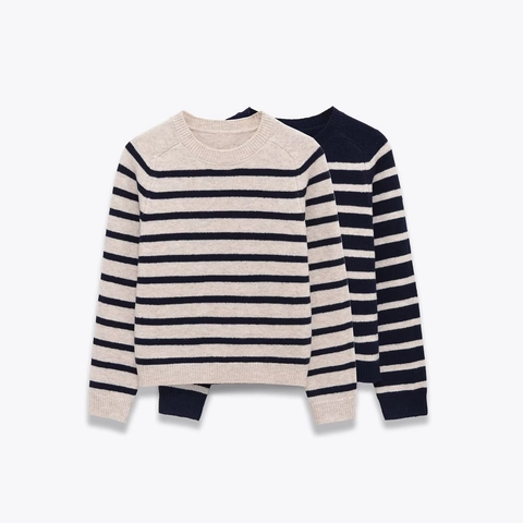 Women Casual Striped Knit Sweater Long Sleeve Crew Neck Ribbed Cuffs Soft Pullover Fashion Autumn Winter Warm Knitwear Top