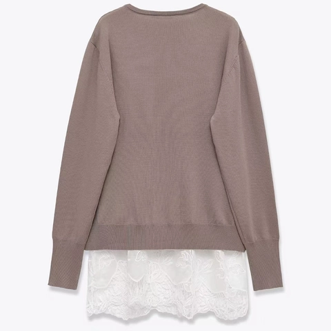 Maglione da Donna con Scollo a V e Maniche Lunghe con Bordo in Pizzo Patchwork Finto Due Pezzi Top Elegante Maglione Casual Autunnale
