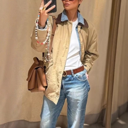 Veste de Travail Vintage avec Col en Velours Côtelé Contrasté pour Femmes Coupe Ample Décontractée Mi-longue Boutonné