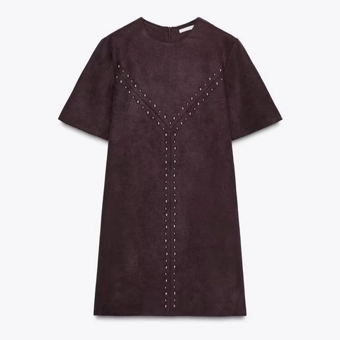 Women Faux Suede Short Sleeve Mini Dress With Metal Rivets Round Neck Slim Fit Retro Casual Wine Red Party Dress