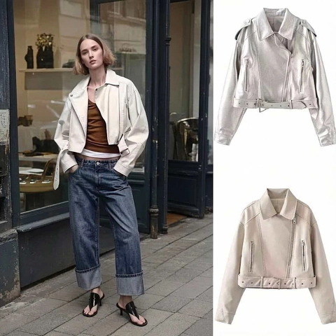 Giacca Corta Da Donna In Ecopelle Stile Biker Con Cintura Colletto A Rever Giacca Moto Argento Metallizzato Bianco Crema