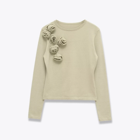 Women 3D Rose Flower Decor Knit Sweater Slim Fit Crew Neck Long Sleeve Pullover Soft Polyester Autumn Winter Fashion Jumper
