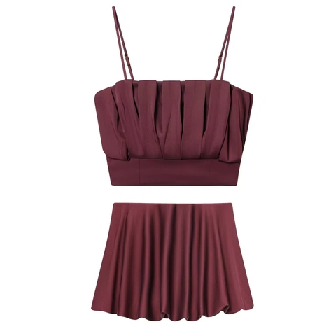 Dames Tweeledig Set Spaghettibandjes Geplooid Crop Cami Top En Bubble Zoom Broekrok Acetaat Satijn Streetwear Zomer Outfits