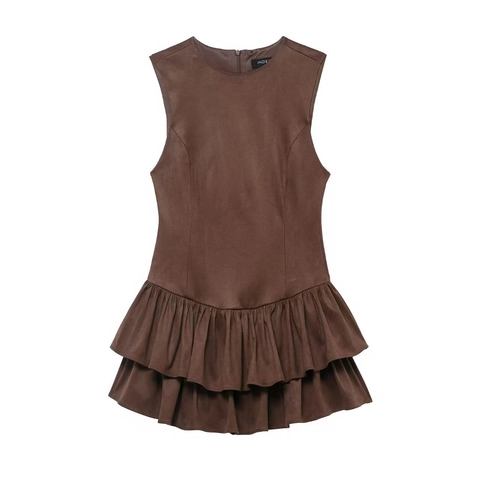 Women's Elegant Sleeveless Round Neck Faux Suede Mini Dress Slim Fit Tiered Ruffle Hem Layered Short Party Dress Office Outfit