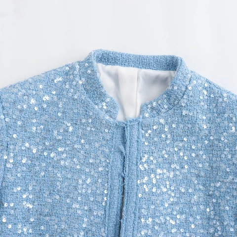 Women Elegant Light Blue Tweed Sequin Jacket Round Neck Raw Edge Short Blazer Vintage Luxurious Long Sleeve Outerwear