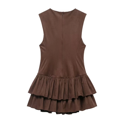 Women's Elegant Sleeveless Round Neck Faux Suede Mini Dress Slim Fit Tiered Ruffle Hem Layered Short Party Dress Office Outfit