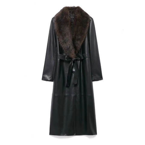 Trench in Ecopelle da Donna di Moda Con Collo in Pelliccia Sintetica Rimovibile Cappotto Lungo in Pelle Con Cintura Autunno Inverno Capispalla Caldo
