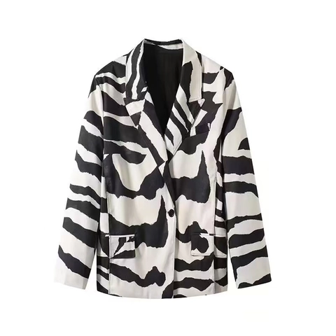 Dames Zebra Print Blazer Revers Lange Mouw Pak Jas Single Breasted Werk Kantoor Casual Bovenkleding Mode Jas