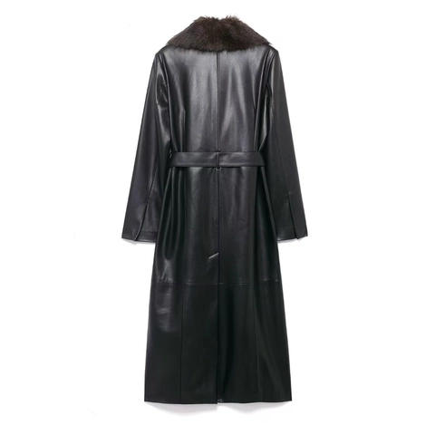 Trench in Ecopelle da Donna di Moda Con Collo in Pelliccia Sintetica Rimovibile Cappotto Lungo in Pelle Con Cintura Autunno Inverno Capispalla Caldo