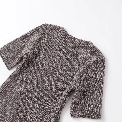 Women Elegant Round Neck Short Sleeve Knit Top Bohemian Fringe Hem Melange Polyester Knitted Sweater For Autumn Winter