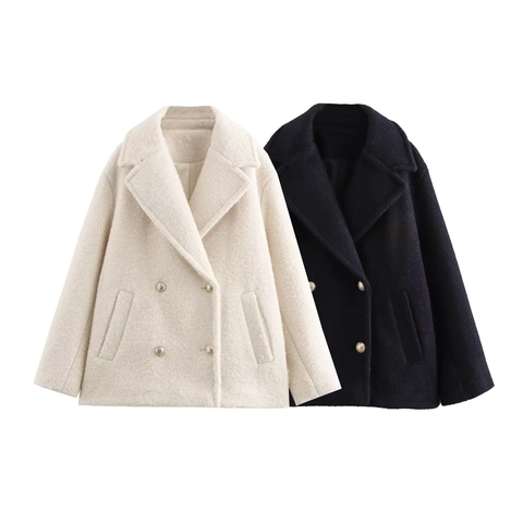 Women Double Breasted Mid Length Wool Blend Coat Loose Fit Solid Color Long Sleeve Jacket Golden Buttons Autumn Winter