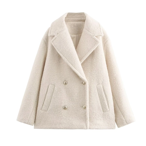 Women Double Breasted Mid Length Wool Blend Coat Loose Fit Solid Color Long Sleeve Jacket Golden Buttons Autumn Winter
