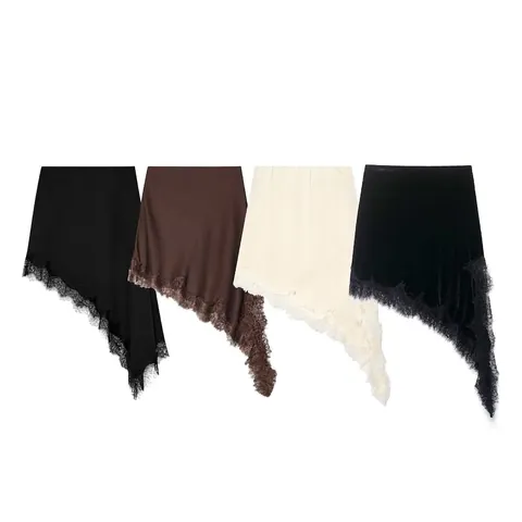 Women Asymmetrical Satin Midi Skirt Elegant Lace Trim Irregular Hem Solid Color Velvet Skirt For Summer Commuter Daily Party