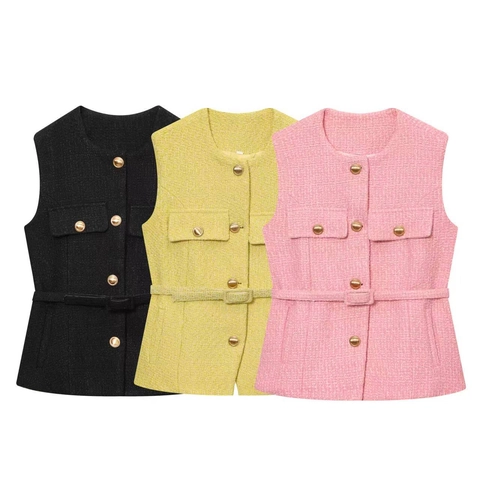 Women's Elegant Tweed Vest Sleeveless Jacket with Gold Metal Buttons and Belt Vintage Round Neck Commute Slim Fit Top