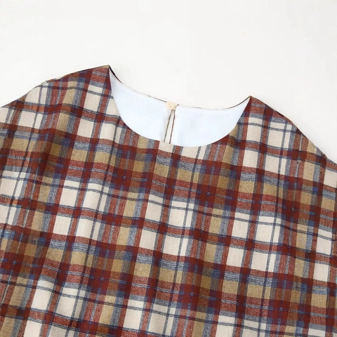 Women Vintage Plaid Twist Waist Mini Dress Retro Round Neck Long Sleeve Scottish Tartan A-Line Casual Party Short Dress