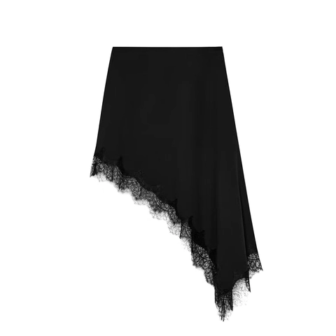 Women Asymmetrical Satin Midi Skirt Elegant Lace Trim Irregular Hem Solid Color Velvet Skirt For Summer Commuter Daily Party