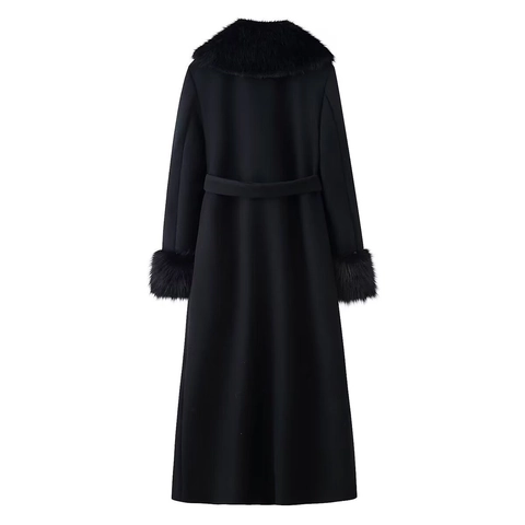 Women Elegant Black Winter Long Woolen Coat With Faux Fur Collar And Belt Temperament Overcoat Solid Color Outwear For Women
