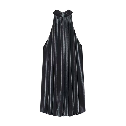 Women Elegant Velvet Halter Neck Mini Dress Charcoal Grey Shiny Pleated Sleeveless Cocktail Party Evening Short Dress
