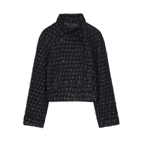 Dames Elegante Zwarte Tweed Jas Double Breasted Korte Mantel Met Rafelige Rand Zilverdraad Lange Mouw Bovenkleding
