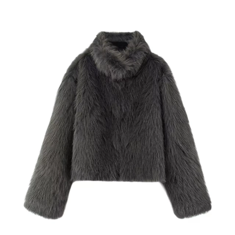 Women's Elegant Faux Fur Coat Winter Warm Jacket Long Sleeve Stand Collar Solid Color Overcoat Chic Outwear Fashion