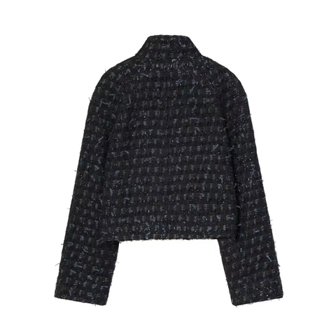 Dames Elegante Zwarte Tweed Jas Double Breasted Korte Mantel Met Rafelige Rand Zilverdraad Lange Mouw Bovenkleding