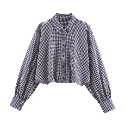 Camicia Donna Casual a Quadretti Gingham Manica Lunga Blusa Cropped Seersucker Orlo Elastico Maniche a Lanterna Top