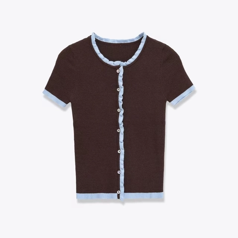 Women Short Sleeve Knitted Cardigan Contrast Color Ruffle Trim Ribbed Knit Button Down Sweater Top For Summer Daily Wear