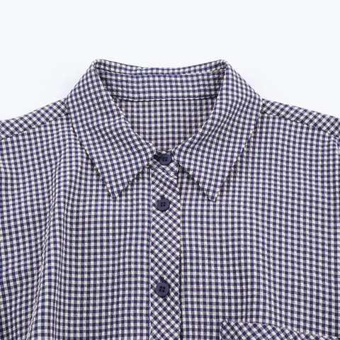 Camicia Donna Casual a Quadretti Gingham Manica Lunga Blusa Cropped Seersucker Orlo Elastico Maniche a Lanterna Top