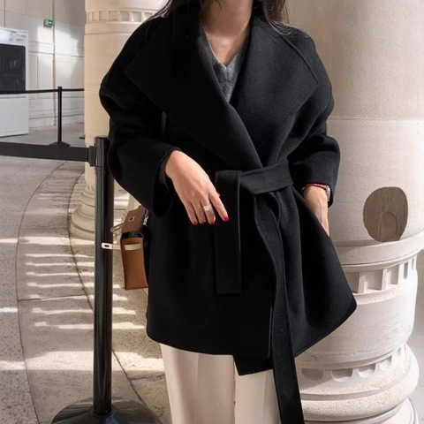Abrigo de Lana Vintage para Mujer con Solapa y Cinturón Color Sólido Adelgazante Longitud Media Manga Larga Chaqueta de Otoño Invierno