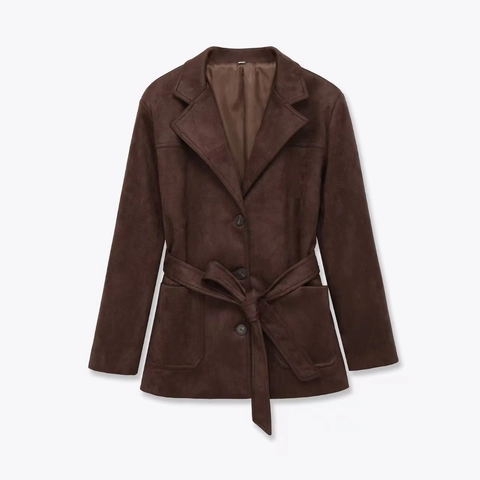 Women Faux Suede Belted Jacket Mid-Length Notched Lapel Single Breasted Coat With Pockets Autumn Casual Solid Outerwear