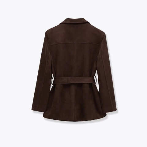 Women Faux Suede Belted Jacket Mid-Length Notched Lapel Single Breasted Coat With Pockets Autumn Casual Solid Outerwear