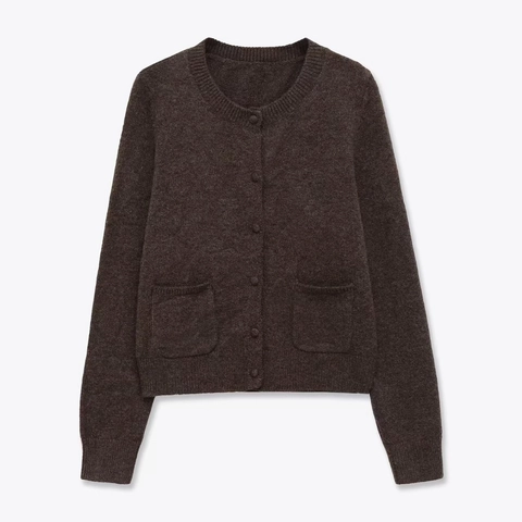 Women Casual Round Neck Long Sleeve Knitted Cardigan Sweater Solid Color Button Up Jacket With Pockets Warm Polyester Top
