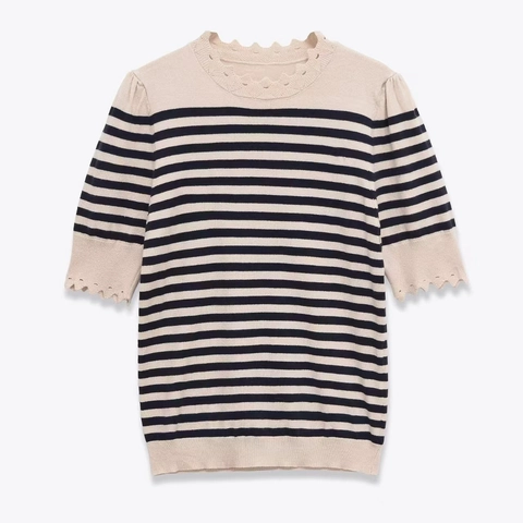 Women Casual Striped Knit Top Scalloped Trim Hollow Out Round Neck Half Sleeve Pullover Sweater Elegant French Style Top